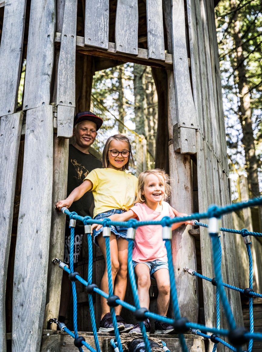 Kinder spielen freudig in einem h&ouml;lzernen Baumhaus mit einem blauen Kletternetz, familienwanderung