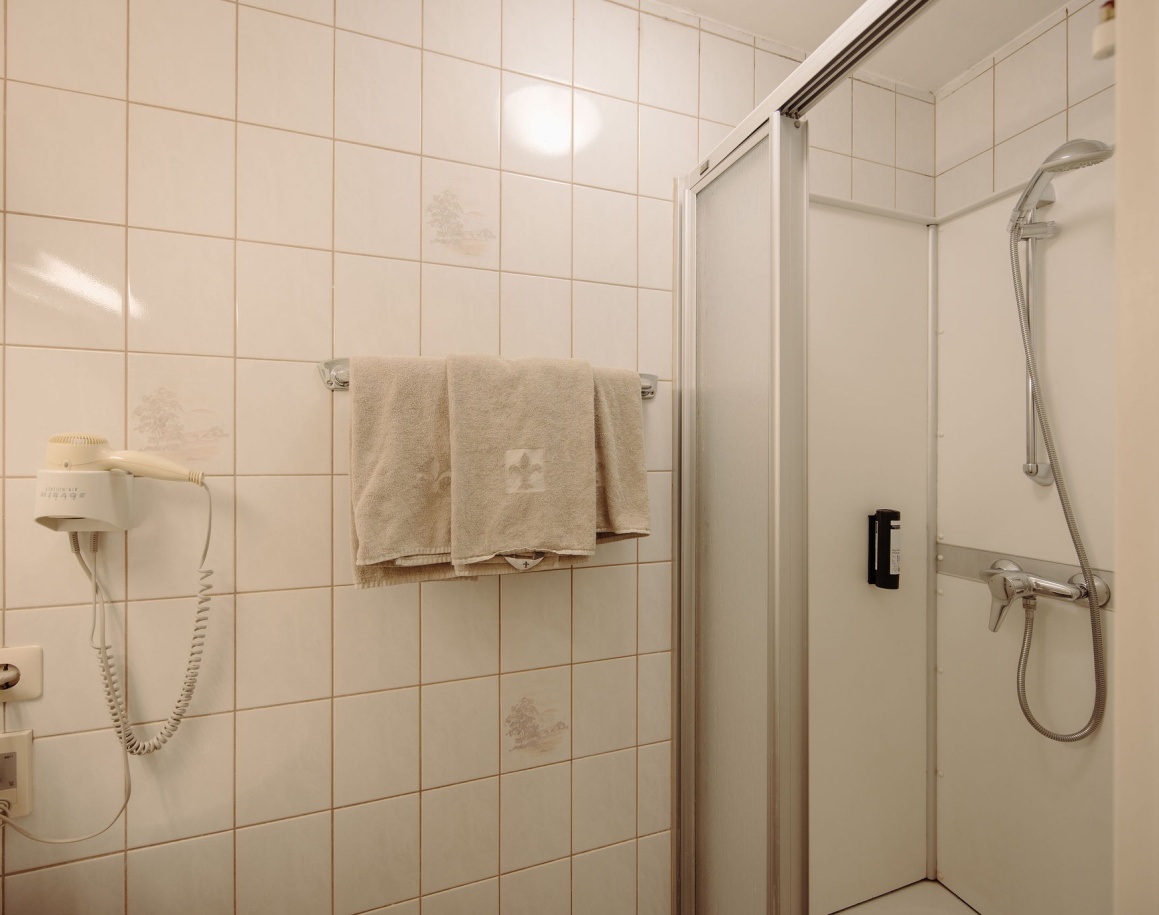 Beige gefliestes Bad mit Dusche, Handtüchern und Wandfön