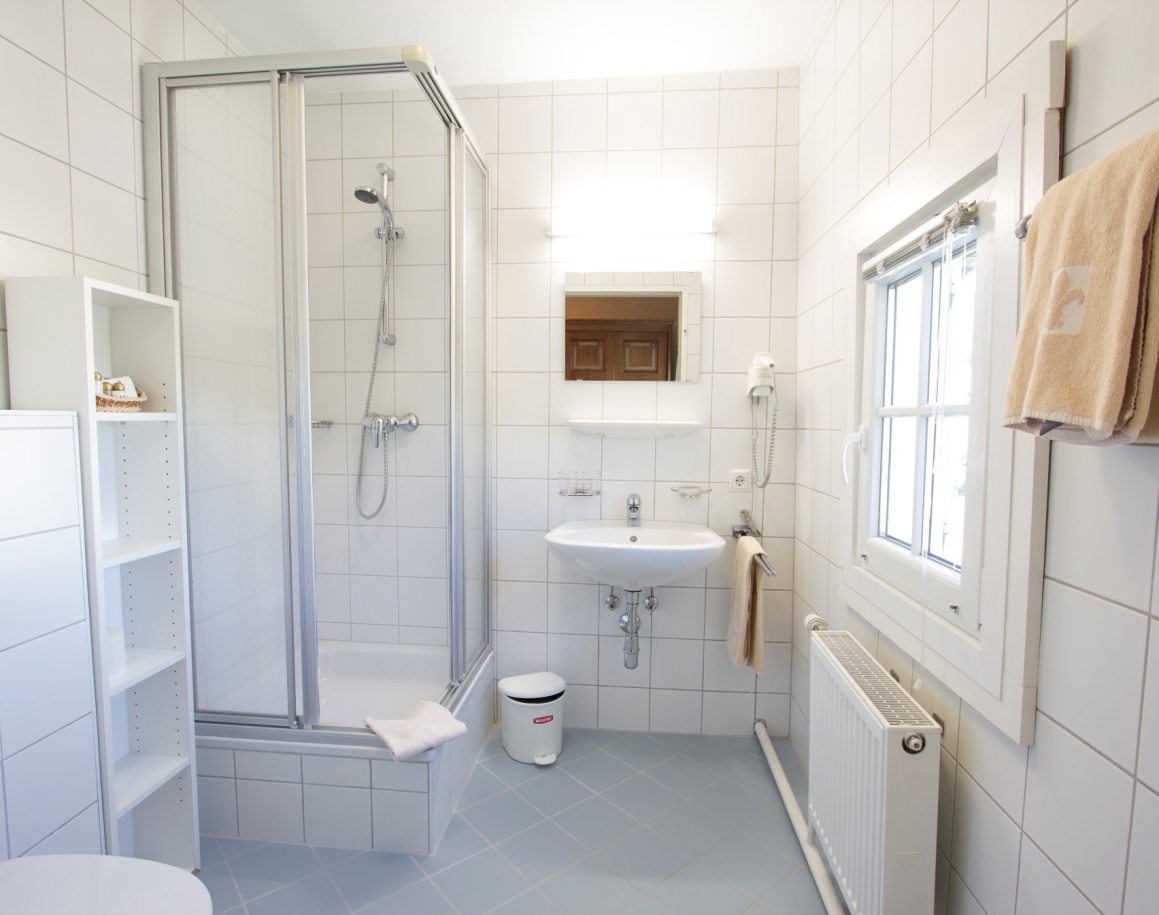 Helles Badezimmer mit Dusche, Waschbecken und Handtuchhalter an gefliesten Wänden